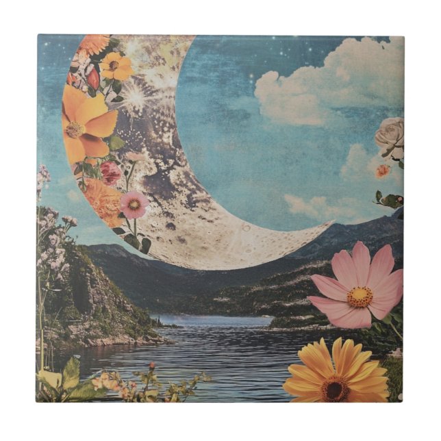 Crescent Moon über serene Landschaft Fliese (Vorderseite)