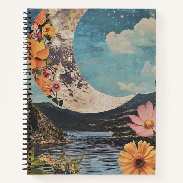 Crescent Moon über serene Landschaft Notizbuch (Vorderseite)