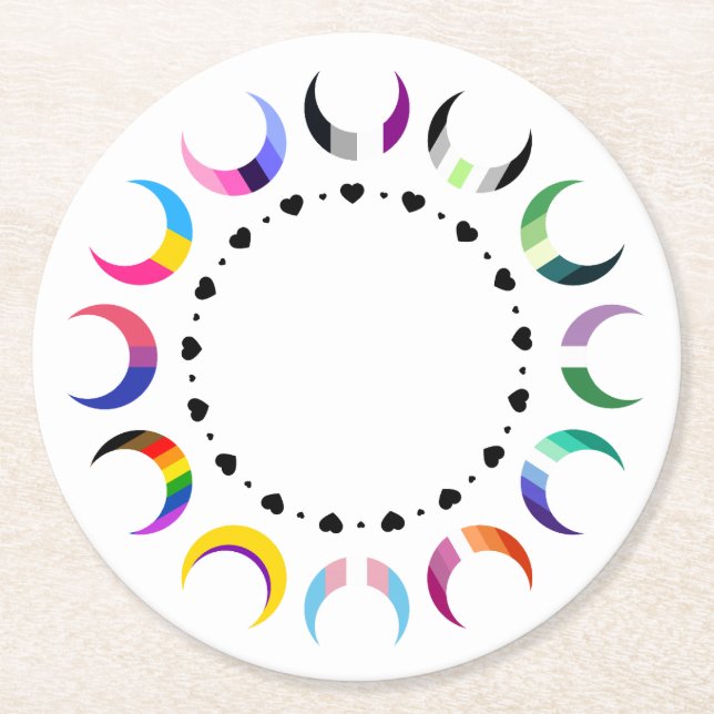 Crescent Pride Moons & Herz Ring Runder Pappuntersetzer (Vorderseite)