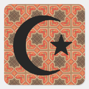 Crescent und Star mit persischem Fliesenhintergrun Quadratischer Aufkleber