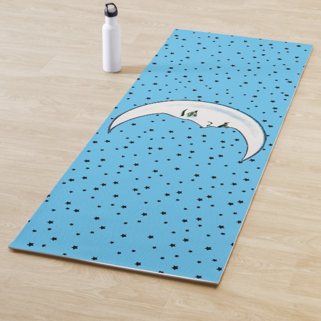 Crescent White Moon Face Black Pips Stars auf Blue Yogamatte (Beispiel)