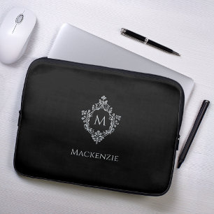 Crest Black Grau Monogramm Name Vintage Monochrom Laptopschutzhülle