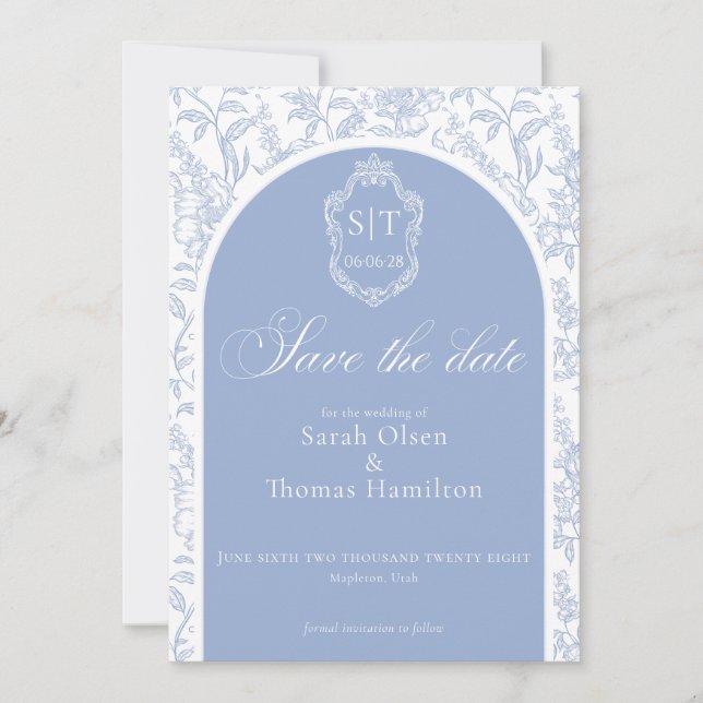 Crest Monogram Blue Chinoiserie Floral Script Save The Date (Vorderseite)