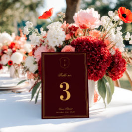 Crest Monogram Burgundy Gold Wedding Table Number Einladung