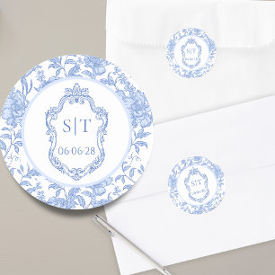 Crest Monogram Delft Blau Florale Hochzeit Runder Aufkleber