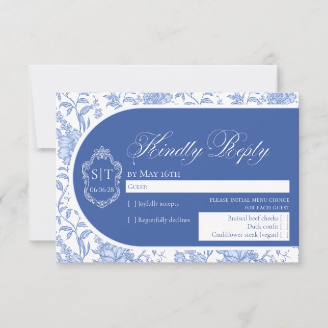 Crest Monogram Delft Blue Floral Script RSVP Karte (Vorderseite)