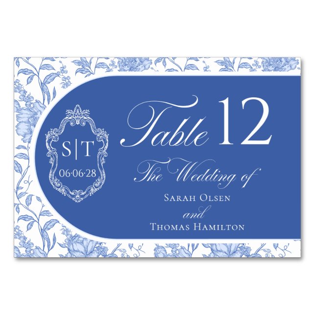 Crest Monogram Delft Blue Floral Script Tischnummer (Vorderseite)