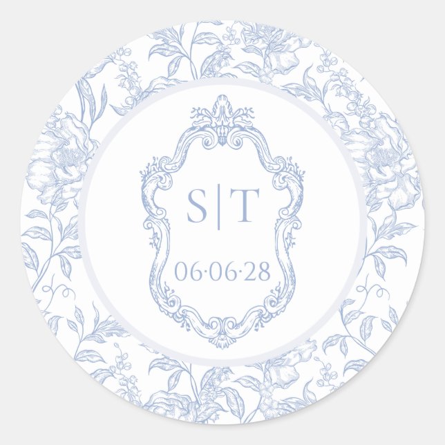 Crest Monogram Dusty Blue Floral Wedding Runder Aufkleber (Vorderseite)