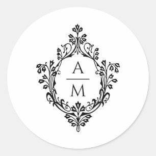 Crest Monogram Elegantes Schwarz-Weiß-Hochzeits- Runder Aufkleber