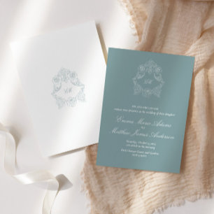 Crest Monogram Staubblau Elegante Hochzeit Einladung