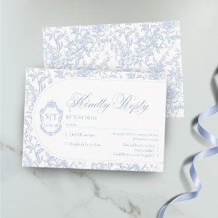 Crest-Monogramm Blau und Weiß Floral Schrift RSVP Karte