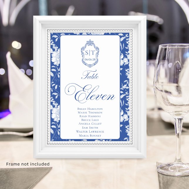 Crest-Monogramm Blaues Blumen-Script Elf 8 Namen Tischnummer (Von Creator hochgeladen)