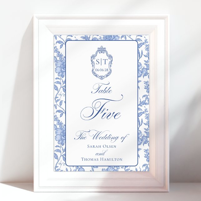 Crest-Monogramm Blaues Florales Skript Fünf Tischnummer (Von Creator hochgeladen)