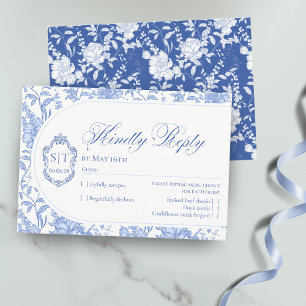 Crest-Monogramm Delft-Blau Floral Schrift RSVP Karte