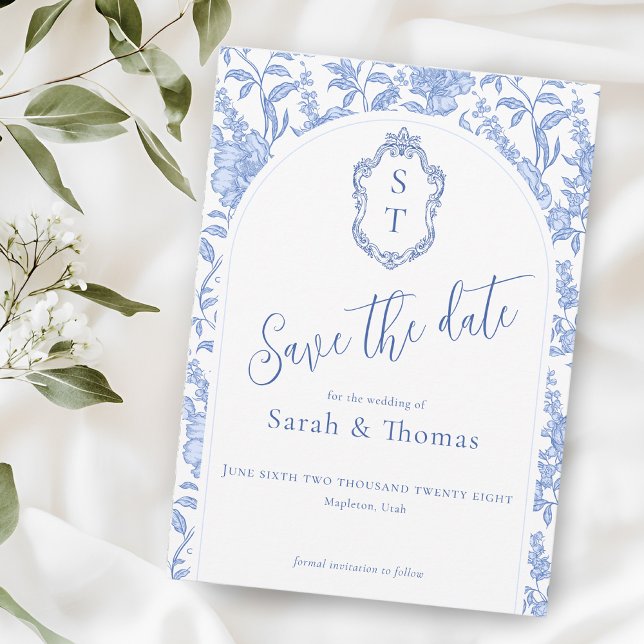 Crest Monogramm Delft Blau Florales Skript Save The Date (Von Creator hochgeladen)