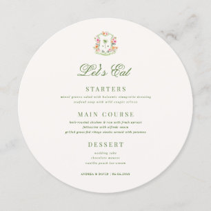 Crest Palm Tree Monogram Lets Eat Runde Hochzeit Menükarte