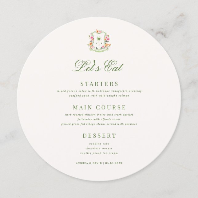 Crest Palm Tree Monogram Lets Eat Runde Hochzeit Menükarte (Vorderseite)