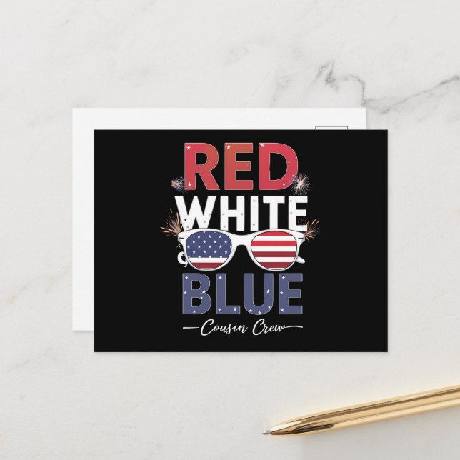 Crew 4. Juli in Rot-Weiß und Blau-Cousin Postkarte (Vorderseite/Rückseite Beispiel)