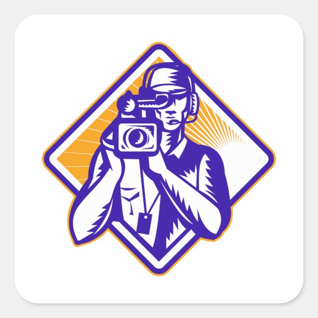Crew Cameraman Holding Camera Retro Quadratischer Aufkleber (Vorderseite)