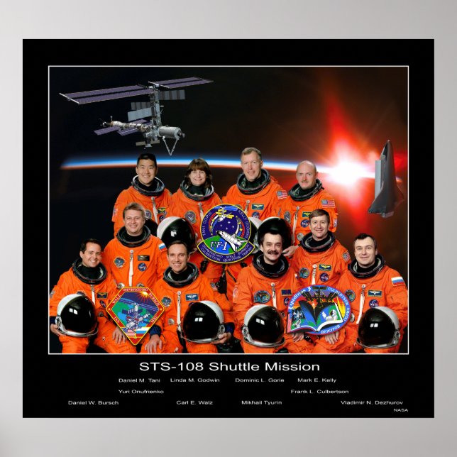 Crew der STS-108-Shuttle-Mission mit ISS-Crew Poster (Vorne)