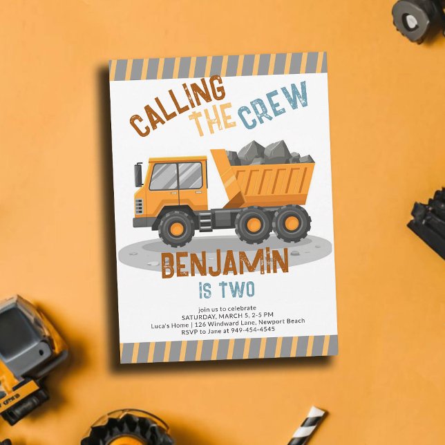 Crew Dump Truck Boy 2. Geburtstag Einladung (construction birthday party 2 second boys dump truck urban crew theme invitation template custom)