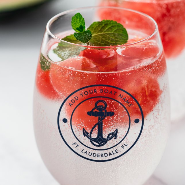 Crew für Nautische Ankerbootnamen Weinglas Ohne Stiel (Nautical Navy Blue Anchor Stemless Wine Glass)