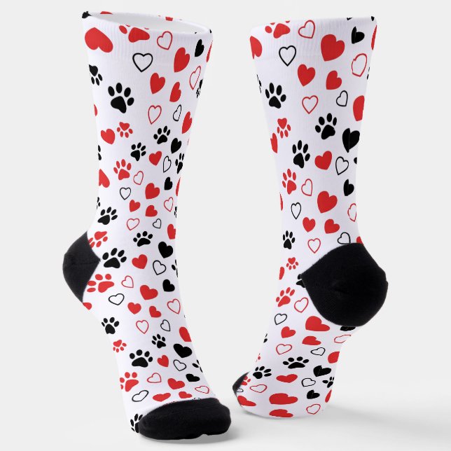 Crew Red and Black Paw Print and Heart Pattern Soc Socken (Gewinkelt)