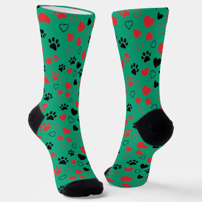 Crew Red and Black Paw Print and Heart Pattern Soc Socken (Gewinkelt)