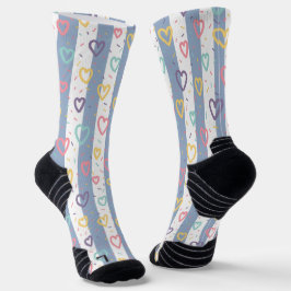 Crew Socken Pink & Weiß gestreift bunte Herzen