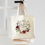 Crew "Watercolor Burgundy Floral Wreath Bridge" Tragetasche<br><div class="desc">Die Tasche ist ein hübsches Geschenk für das Brautparty und bietet eine bordeauxrote Rose mit einem Kranz aus Aquarell,  der in handgeschriebenen Schriftzeichen mit "Brautstamm" versehen ist. Personalisieren Sie mit dem Namen der Brautmädchen und dem Hochzeitstermin.</div>
