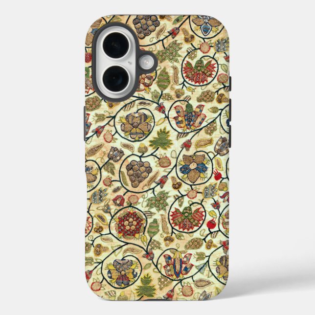 Crewel Work Stickerei Obst und Blume iPhone 16 Hülle (Rückseite)