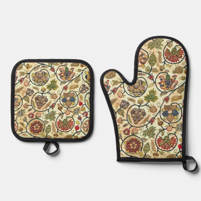 Crewel Work Stickerei Obst und Blume Ofenhandschuh & Topflappen-Set (Vorderseite)