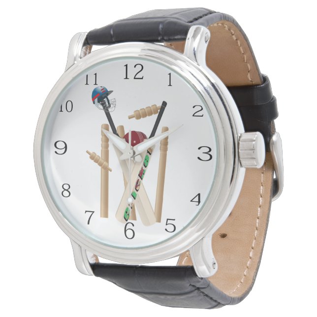 Cricket All Rounder: Wicket, Fleet, Ball und Helm Armbanduhr (Schrägansicht)