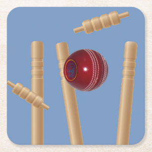 Cricket Ball auf Blue Smashing Cricket Stumps, Rechteckiger Pappuntersetzer