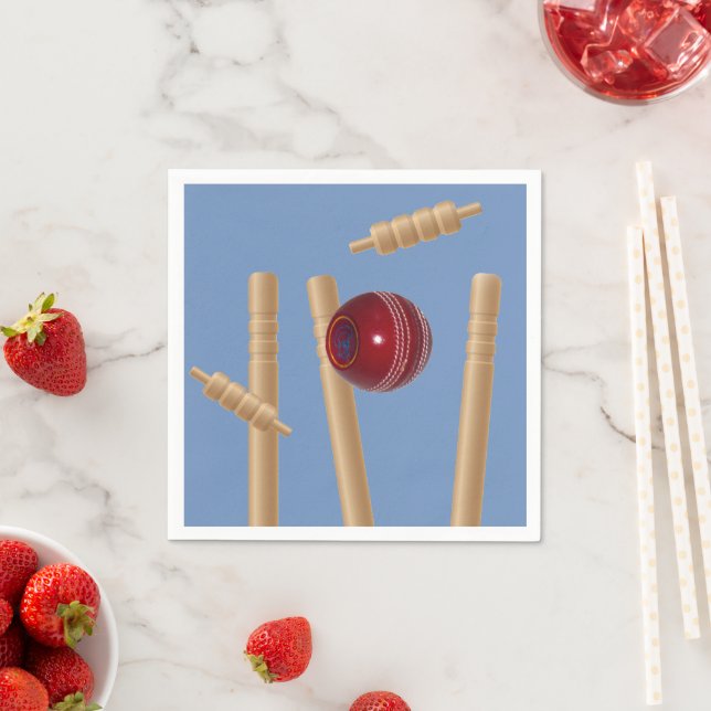 Cricket Ball auf Blue Smashing Cricket Stumps, Serviette (Beispiel)