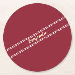 Cricket Ball Stitching Seam Personalised Cricketer Runder Pappuntersetzer<br><div class="desc">Stylish burgundy/red cricket-themed coaster printed with cricket ball stitches (seam) and your name. Ideal personalised gift for cricketers, umpires and cricket fans alike.</div>