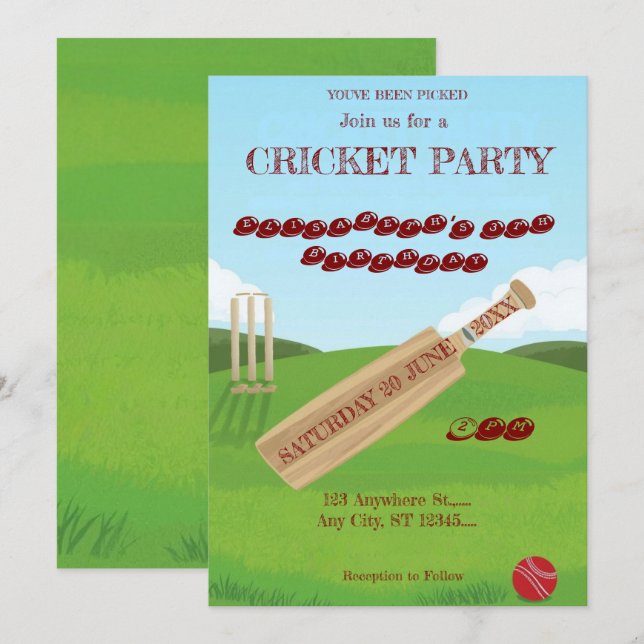 Cricket Birthday Party Sports Invitation (Devant / Derrière)