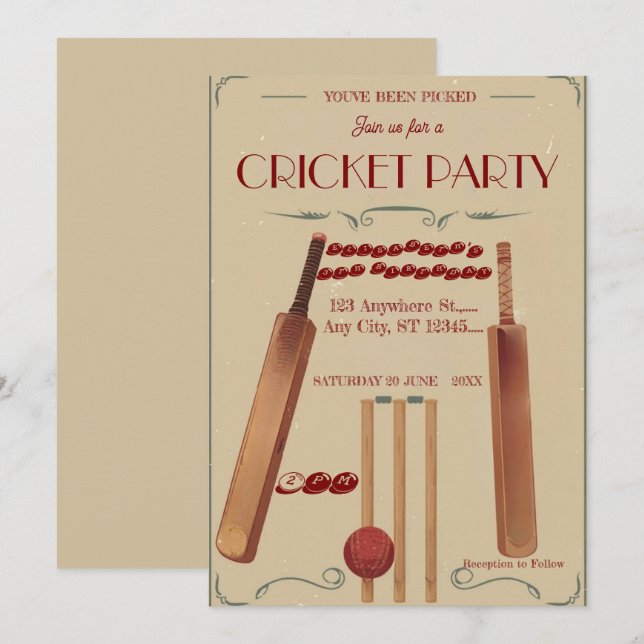 Cricket Birthday Party Sports Invitation Einladung (Vorne/Hinten)