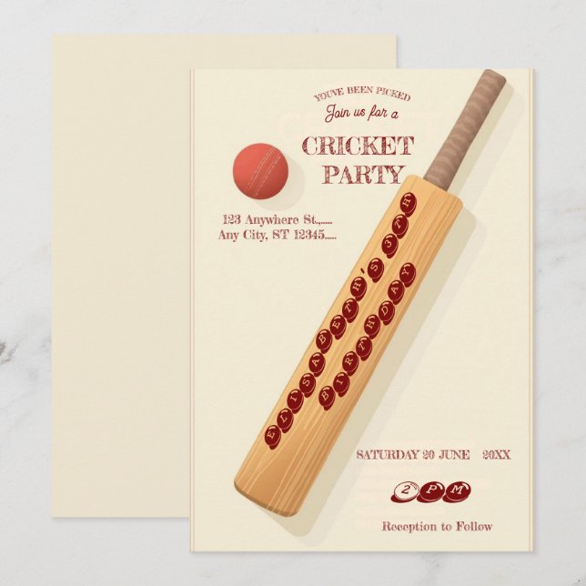 Cricket Birthday Party Sports Invitation Einladung (Vorne/Hinten)