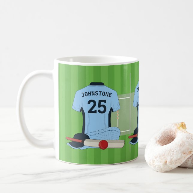 Cricket (dunkelblau und hell)-Lüfter/Spieler Kaffeetasse (Mit Donut)
