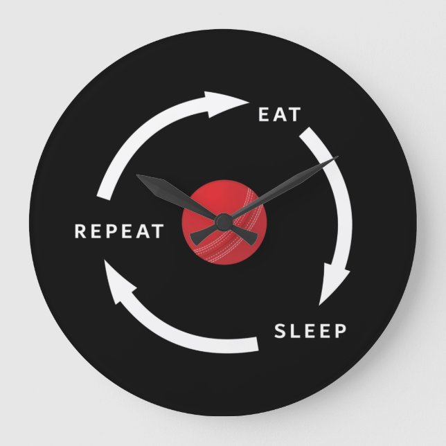 Cricket Eat Sleep Wiederholung Sportfan-Sprichwort Große Wanduhr (Vorderseite)