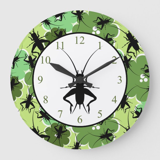 Cricket Floral Pattern Grün und Schwarz Große Wanduhr (Vorderseite)