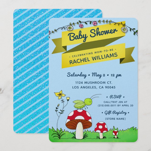 Cricket Garden Glitzer Theme Blue Baby Duschkarte Einladung (Vorne/Hinten)