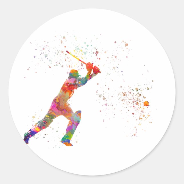 Cricket-Spieler in Aquarellfarbe Runder Aufkleber (Vorderseite)