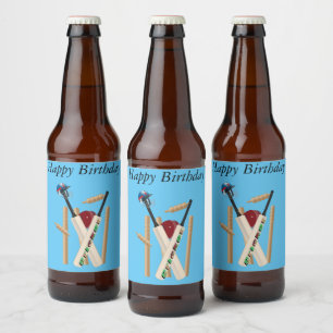 Cricket-Wickel, Helm, Fledermäuse und Ball zum Geb Bierflaschenetikett