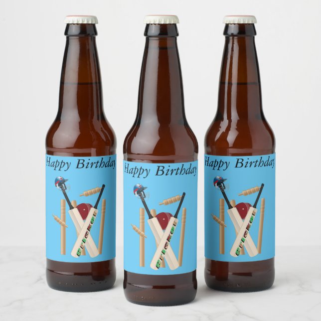 Cricket-Wickel, Helm, Fledermäuse und Ball zum Geb Bierflaschenetikett (Flaschen)