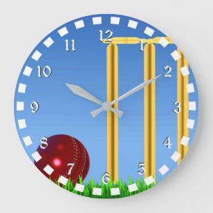 Cricket, wicket and ball with white numbers große wanduhr