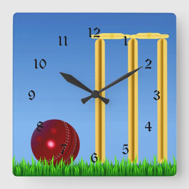 Cricket, Wicket und Ball Quadratische Wanduhr (Vorderseite)