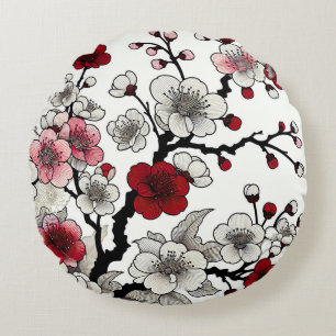Crimson Blossom Elegance - japanisch Inspirierte F Rundes Kissen