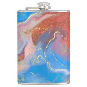 Crimson, Blush, Blau und Gold marmorierter Alkohol Flachmann